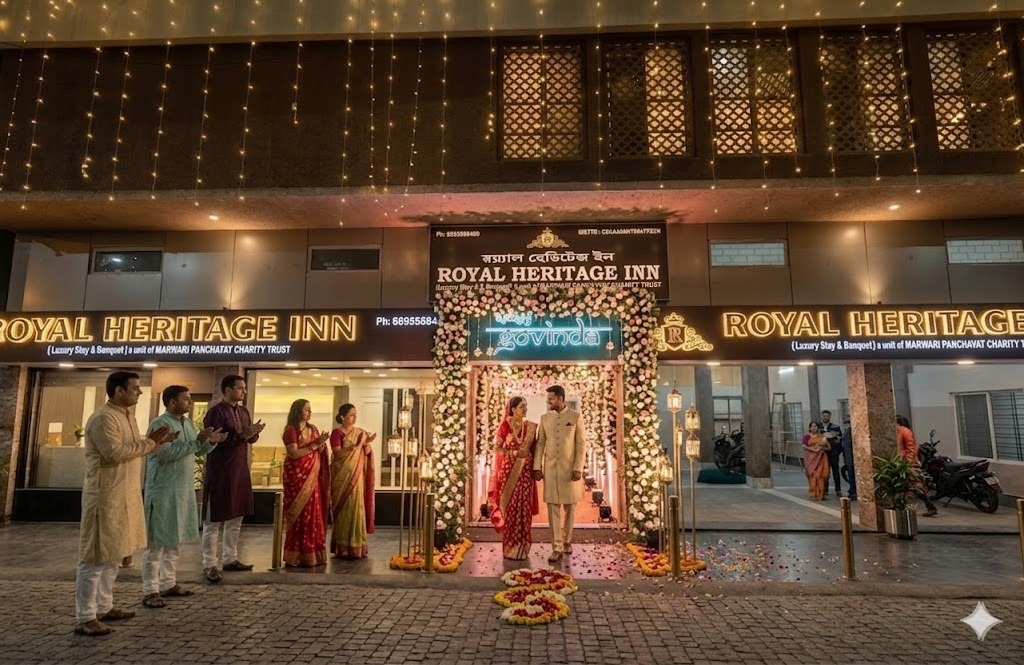 Couple entry at Royal Heritage Inn facade