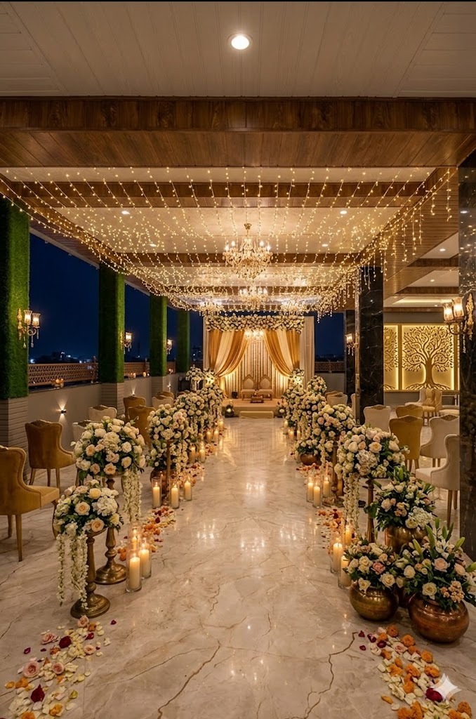 Wedding aisle ceremony at rooftop venue