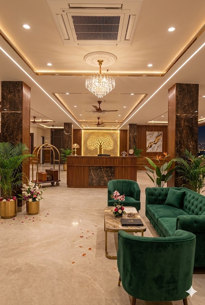 Hotel lobby with green chandelier seating